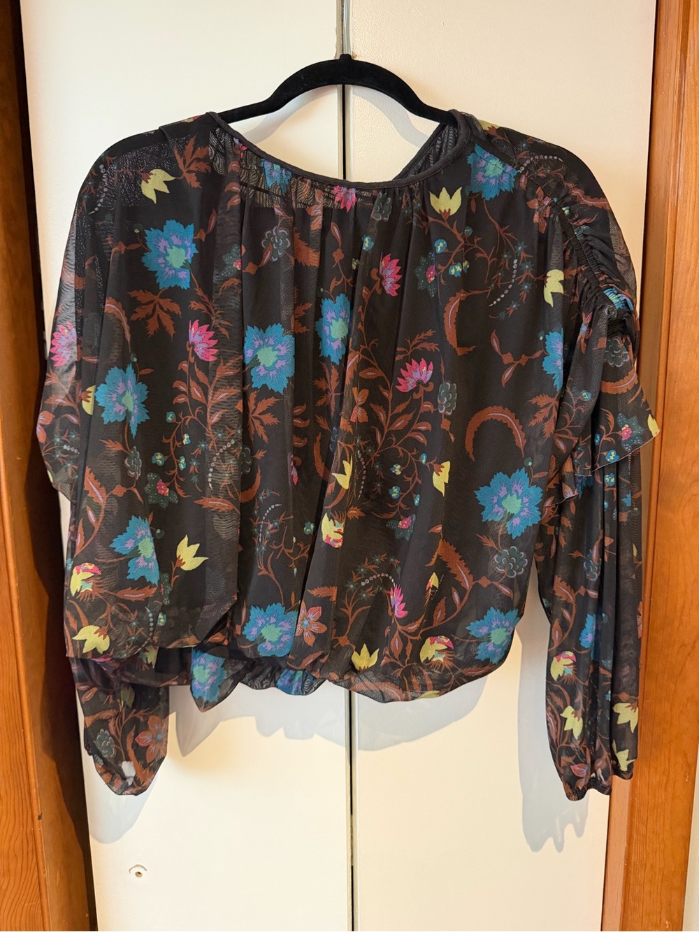 Free People Women's Blouse Shirt Wild Flower Black Combo Floral Mesh - Size S - Picture 6 of 9